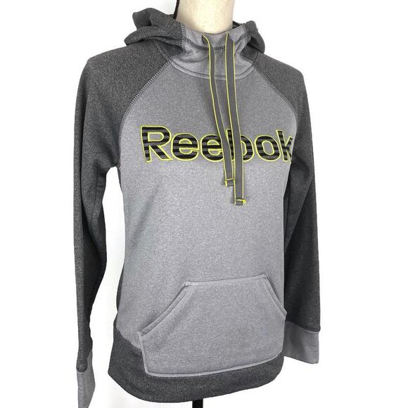 Reebok Tops - Reebok Fleece Hoodie Sweatshirt Logo Light Gray Yellow Womens Sz XS Pocket